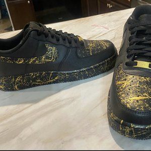Air Force 1 Custom Low Black & Gold Metallic Splatter Swoosh Shoes Sneakers Mens
